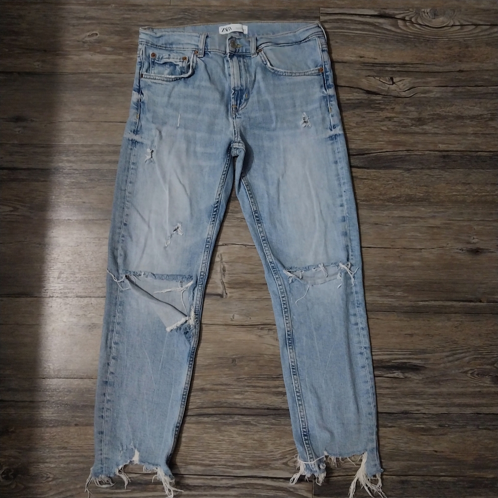 Zara Slim Boyfriend In Beach Blue Jeans Womens 6 Distressed Raw Hem Denim Jeans